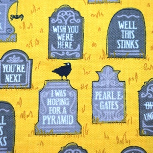 Gravestone Halloween Quilting Fabric: Comic Yellow Cotton - Price by Half Metre