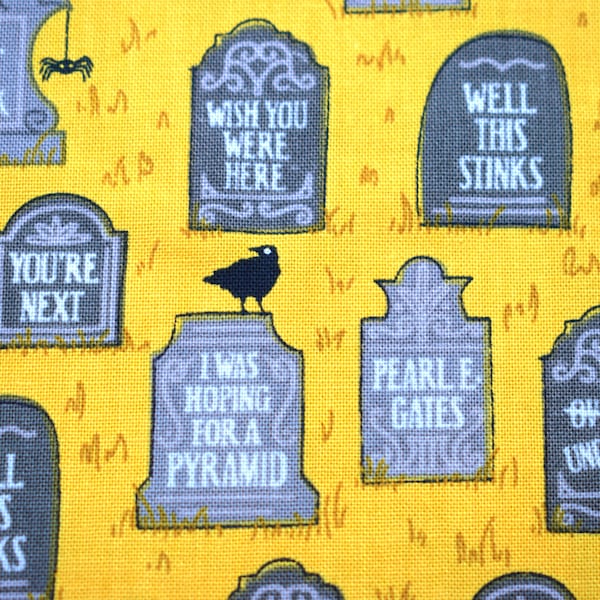 Gravestone Halloween Quilting Fabric: Comic Yellow Cotton - Price by Half Metre