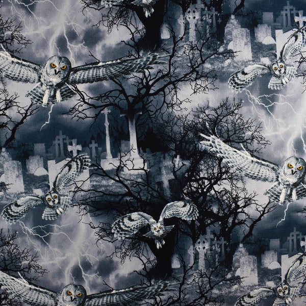 Owl fabric, graveyard fabric, Gothic horror fabric, Quilting fabric, cotton fabric, Wicked Fog - Price per half Metre