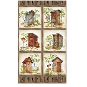 May include: A fabric panel featuring six illustrations of outhouses in various styles. Each outhouse is surrounded by trees and has a unique design, including a red roof, a wooden door, and a sign that reads "Country Comfort".