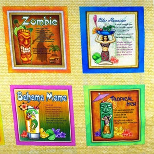 Tropical Fabric Panel: Cocktail Recipe Quilting Squares, 100% Cotton