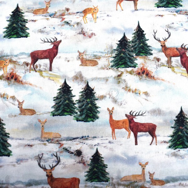 Stag fabric, deer fabric, quilting fabric, cotton fabric, fawn fabric, winter scene fabric, snow scene fabric, Price by the Half Metre