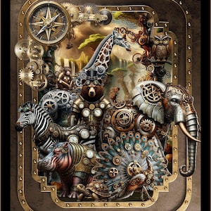 May include: Steampunk-themed artwork featuring a compass, gears, and various animals, including a giraffe, bear, zebra, hippo, peacock, and elephant. The animals are adorned with clockwork details, set against a brown and gold background.