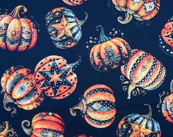 Halloween Pumpkin Cotton Fabric: Black Orange Starry Print, Quilting Fabric - Price by Half Metre