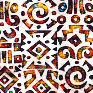 May include: A white fabric with a colorful geometric pattern. The pattern includes swirls, squares, and rectangles in shades of red, orange, yellow, blue, and green.