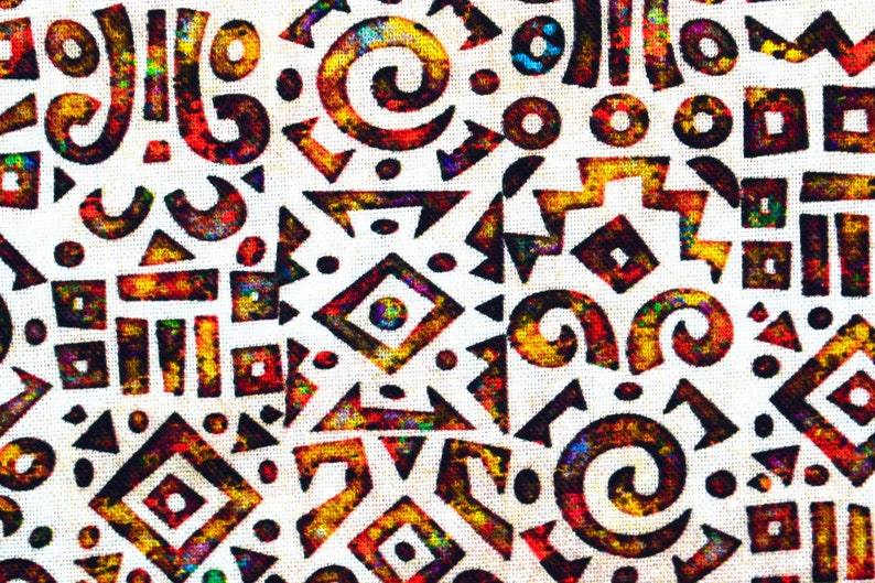 May include: A white fabric with a colorful geometric pattern. The pattern includes swirls, squares, and rectangles in shades of red, orange, yellow, blue, and green.