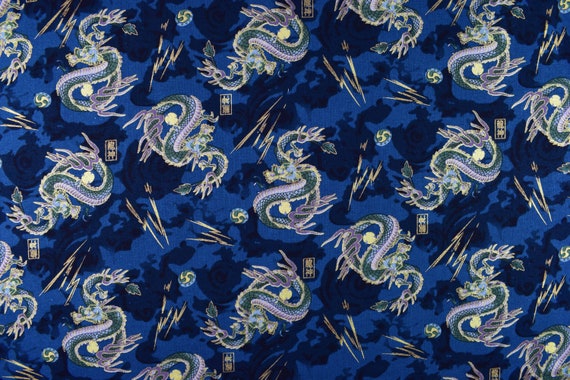 Japanese Lightning Dragon Fabric – Metallic Quilting Cotton