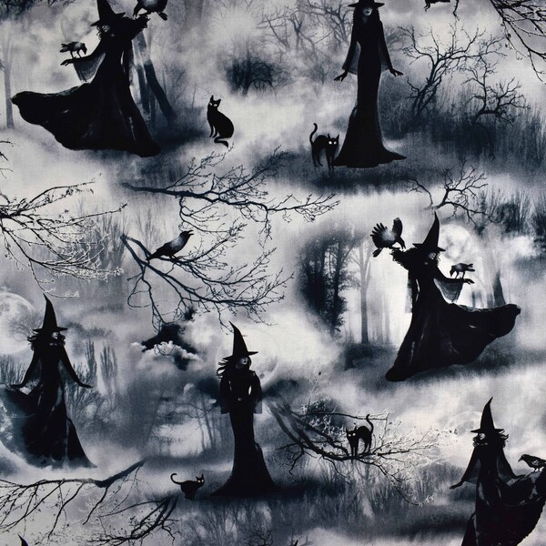 Witch fabric, Halloween fabric,  black cat fabric, Quilting fabric, cotton fabric - Price per half Metre