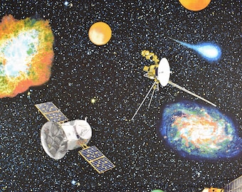 May include: A black background with a colourful nebula, a comet, a space station, a planet, and two spacecraft. The spacecraft are a white and silver satellite with solar panels and a gold spacecraft with a large dish antenna.