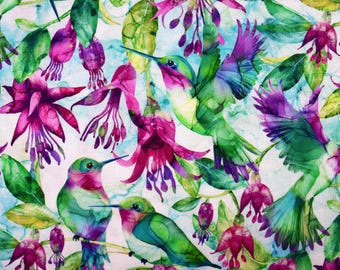 Hummingbird Quilting fabric, Watercolour style print - Price by the Half Metre