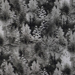 May include: Black and white fabric with a repeating pattern of trees. The trees are stylised and have a slightly abstract look. The fabric has a soft, textured feel.