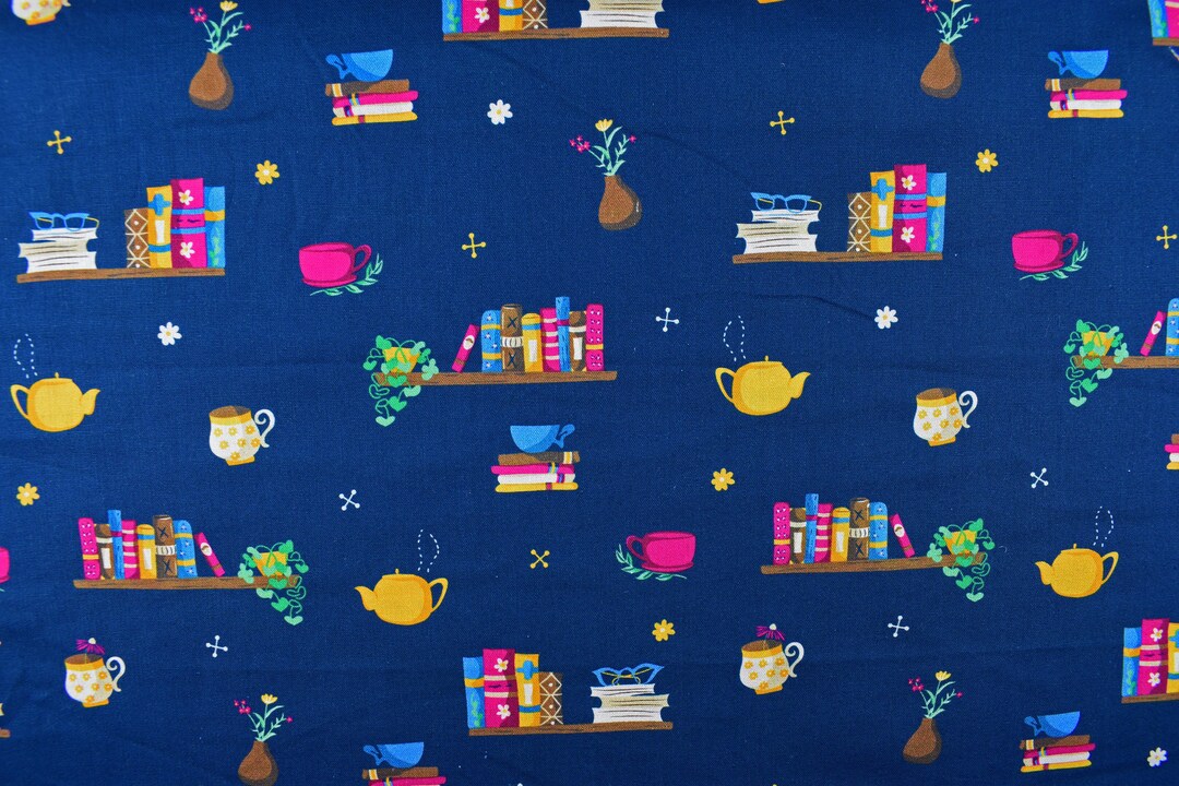 Cosy Library Fabric, Cotton Fabric, Book Print Fabric, Quilting Fabric
