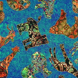 Blue Boho African Animal Cotton Fabric - Serengeti Quilting Treasures - Price by Half Metre