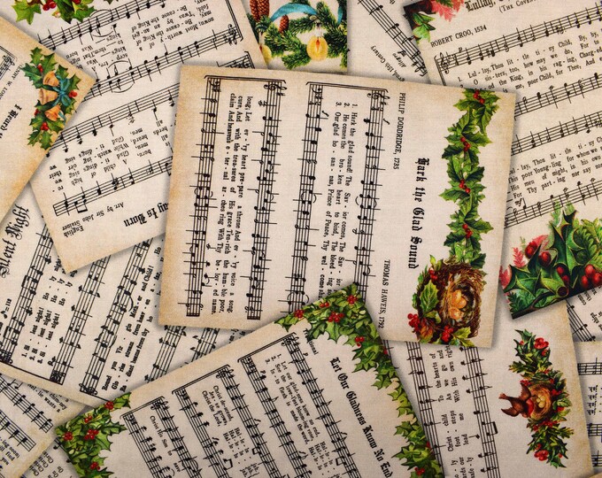 Christmas Carols Fabric, Christmas Sheet Music Fabric, Cotton Quilting