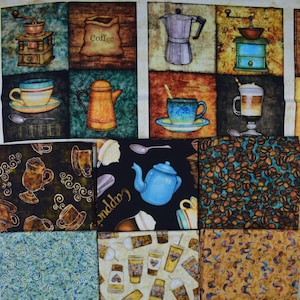 Peut inclure: Panneau de tissu avec des carrés sur le thème du café. Les motifs comprennent des grains de café, des tasses, des moulins et une cafetière. Certains carrés portent le mot "Coffee" ou "Cappuccino". Les couleurs incluent le marron, le bleu, le jaune et le vert.