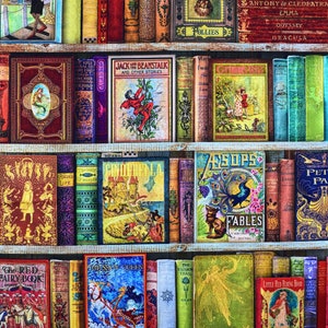 May include: A bookshelf filled with colourful vintage children's books. The titles include "The Land of Lost Toys", "Rumpelstiltskin", "The Red Fairy Book", "Jack the Beanstalk and Other Stories", "Cinderella", "Aesop's Fables", "Peter Pan", "The Snow Queen", "Little Red Riding Hood", and "Alice in Wonderland".