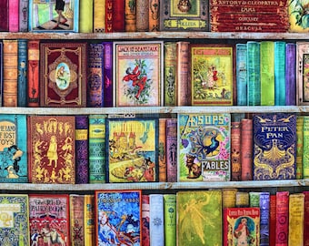 May include: A bookshelf filled with colorful vintage children's books. The titles include "The Land of Lost Toys", "Rumpelstiltskin", "The Red Fairy Book", "Jack the Beanstalk and Other Stories", "Cinderella", "Aesop's Fables", "Peter Pan", "The Snow Queen", "Little Red Riding Hood", and "Alice in Wonderland".