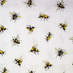Bee Print Cotton Quilting Fabric , Honeybee Pattern on White Background - Price by Half Metre