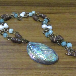 Necklace: Abalone Shell Pendant & Freshwater Potato Pearls, Coconut Wheel Beads, Crackle Quartz Beads, Large Jump Rings, 88cms Length