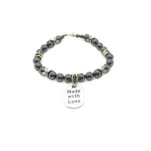 Bracelets Gemstone: Hematite, Made with Love Pendant, Small Toggle