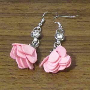 Earrings Drop: Velvateen Pink Flowers,  Diamante Charms