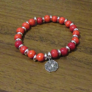 Bracelets: Ying Yang, Red Wood, Silver Metal Beads, Bagua Charm, Feng Shui, Protection, Manifest, Stretch