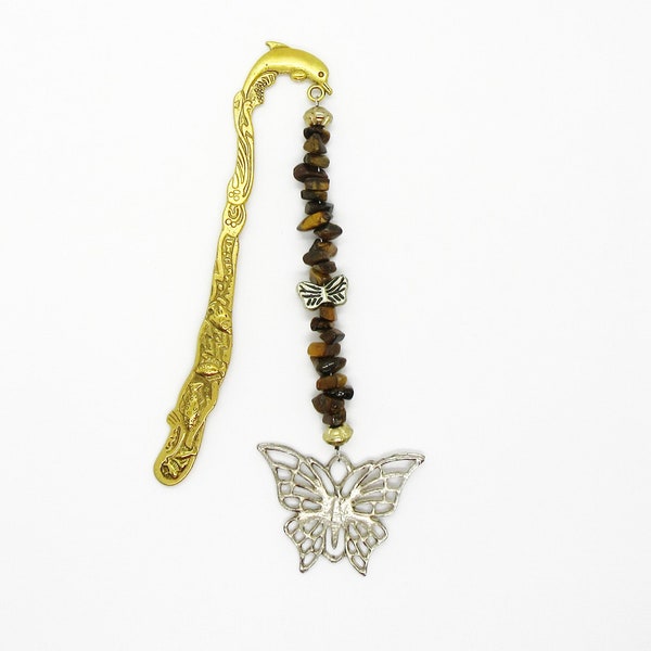 Bookmarks Gemstone: Tiger Eye, Butterfly Pendant, Charms, Large, 14cms,  Gold