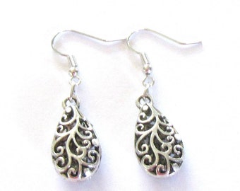 Earrings Dangle: Filigree Hollow Teardrop Pendant, small