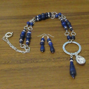 Necklace & Earrings Set: Lapis Lazuli, Hope Love Trust Dream, Rhinestone Cabochon, Beads,Lapis Lazuli Teardrop Focal, 94cms