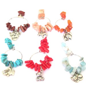 Wine Glass Charms Gemstones: Animals Range, Set of 6
