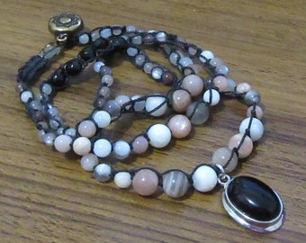 Bracelet Wrap Gemstone: Sunstone, Moonstone, Black Faceted Onyx, Black Onyx Pendant, Tierrecast Magnetic Clasp, Macrame, 66cms
