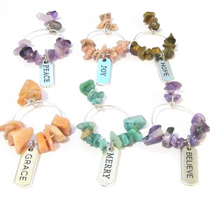 Wine Glass Charms Gemstones: Motivational Words Range 2, Set of 6