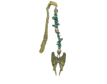 Bookmarks Gemstone:  Malachite, Bronze Angel Wings Pendant, Large, 17cms,  Bronze