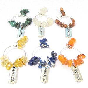 Wine Glass Charms Gemstones: Motivational Words Range 4, Set of 6