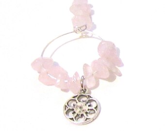 Wine Glass CHarms Gemstone:- Rose Quartz, Filigree Flower Charm, Singles 0r Set of 6