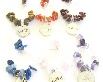Wine Glass Charms Gemstones; Motivational Words Range, Set of 6