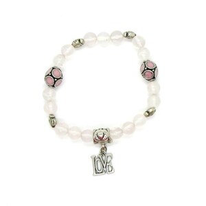 Bracelets Gemstone: Rose Quartz Pale, Kashmiri Enamel Beads, Love Charm, Stretch