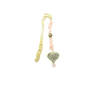 Lesezeichen Edelstein: Rosenquarz, Herz Anhänger, Groß, 13,5cm, Gold