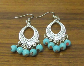 Earrings Chandelier Gemstone: Turquoise ,Ornate Silver Oval Tribal Ethnic Pendant Large, Embossed