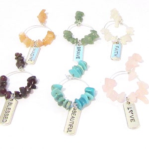Wine Glass Charms Gemstones: Motivational Words Range 3, Set of 6