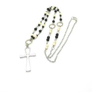 Necklaces Gemstone: Black Onyx, Cream Howlite, Ankh Pendant,  75cm