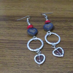 Earrings Dangle: Wire Wrapped Czech Heart Bead, Crystal Heart in Heart , Czech Red Rondelle, Focal Beaten Ring