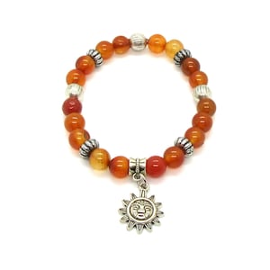 Bracelets  Gemstone: Carnelian, Sun Charm, Silver Pewter Beads, Stretch