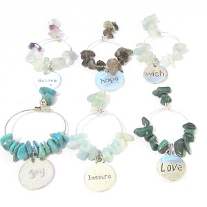 Wine Glass Charms Gemstones: Motivational Words Range 2, Set of 6