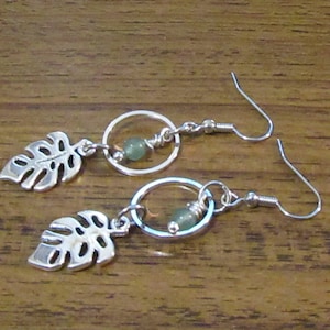 Earrings Gemstones Dangle: Aventurine, Ring, Monstera Charms