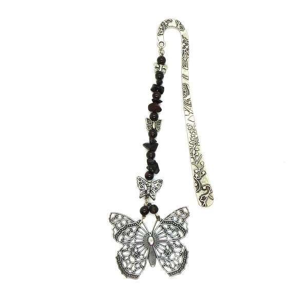 Bookmarks Gemstone:  Garnet, Butterfly Pendant, Charms, Large, 16cms, Silver