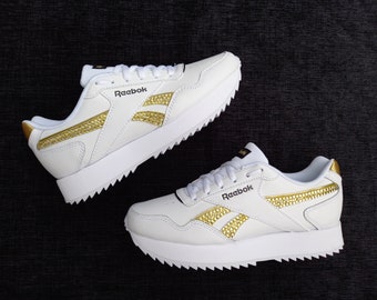 Womens High Quality Gold Rhinestone Crystal Embellished On White Reebok Sneakers (US size 7.5) - (UK size 5) - (EU size 38)