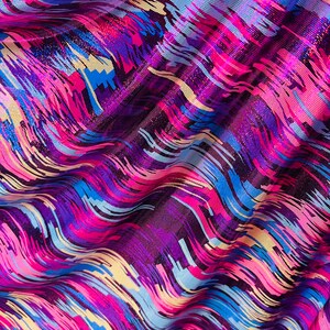 May include: A close-up of a fabric with a wavy, abstract pattern in shades of pink, purple, blue, and yellow. The fabric has a shimmery, iridescent finish.
