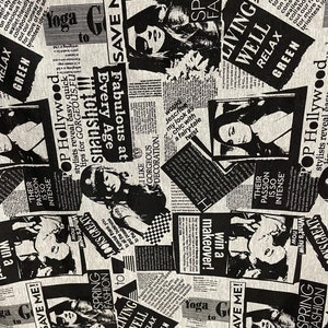 Puede incluir: Tela negra y blanca con un dise&ntilde;o de estampado de peri&oacute;dico. La tela presenta im&aacute;genes de mujeres, texto y las palabras "Save Me!" y "Spring Fashion".