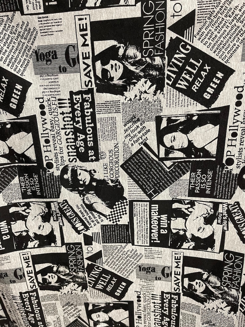 Puede incluir: Tela negra y blanca con un dise&ntilde;o de estampado de peri&oacute;dico. La tela presenta im&aacute;genes de mujeres, texto y las palabras "Save Me!" y "Spring Fashion".